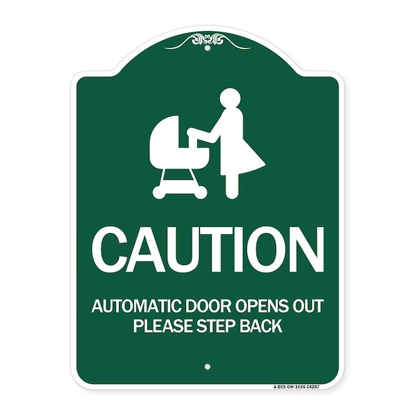 Signmission Caution Automatic Door Opens Out Please Step Back W/ Graphic Alum Sign, 18" x 24", GW-1824-24287 A-DES-GW-1824-24287 - main